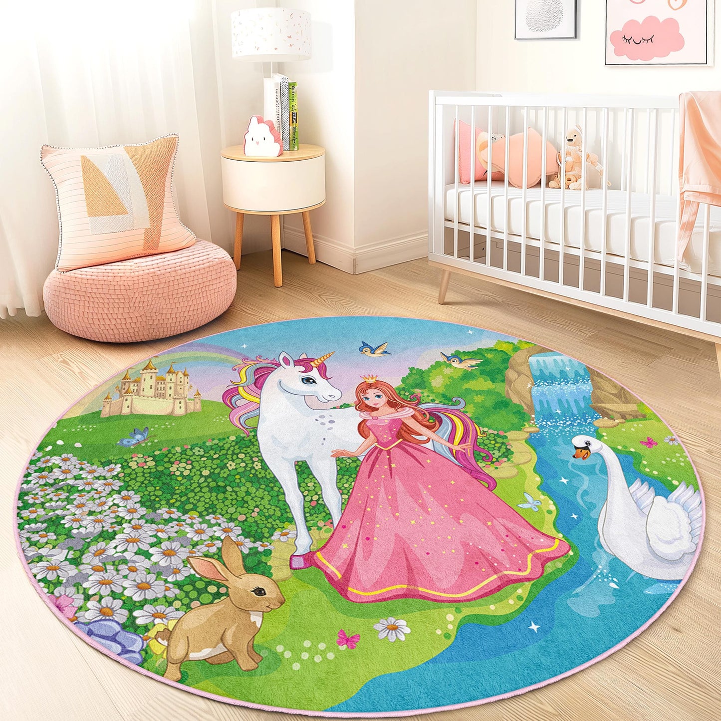 Magical Unicorn Round Kids Play Rug, Princess Themed Kids Room Rug, Fairy Tale Area Rug, Playroom Decor, Nursery Carpet