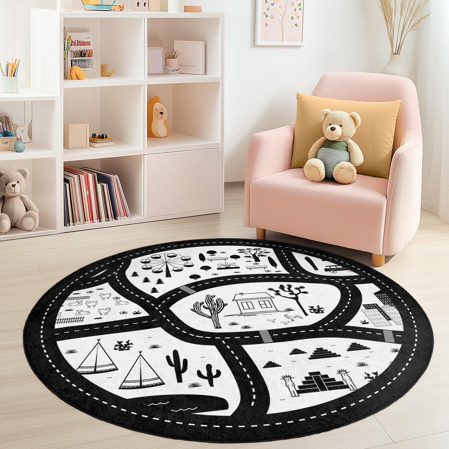 Black and White Road Map Kids Rug, Round Play Rug, Creative Childrens Room Decor, Soft Play Mat, Interactive Learning Rug