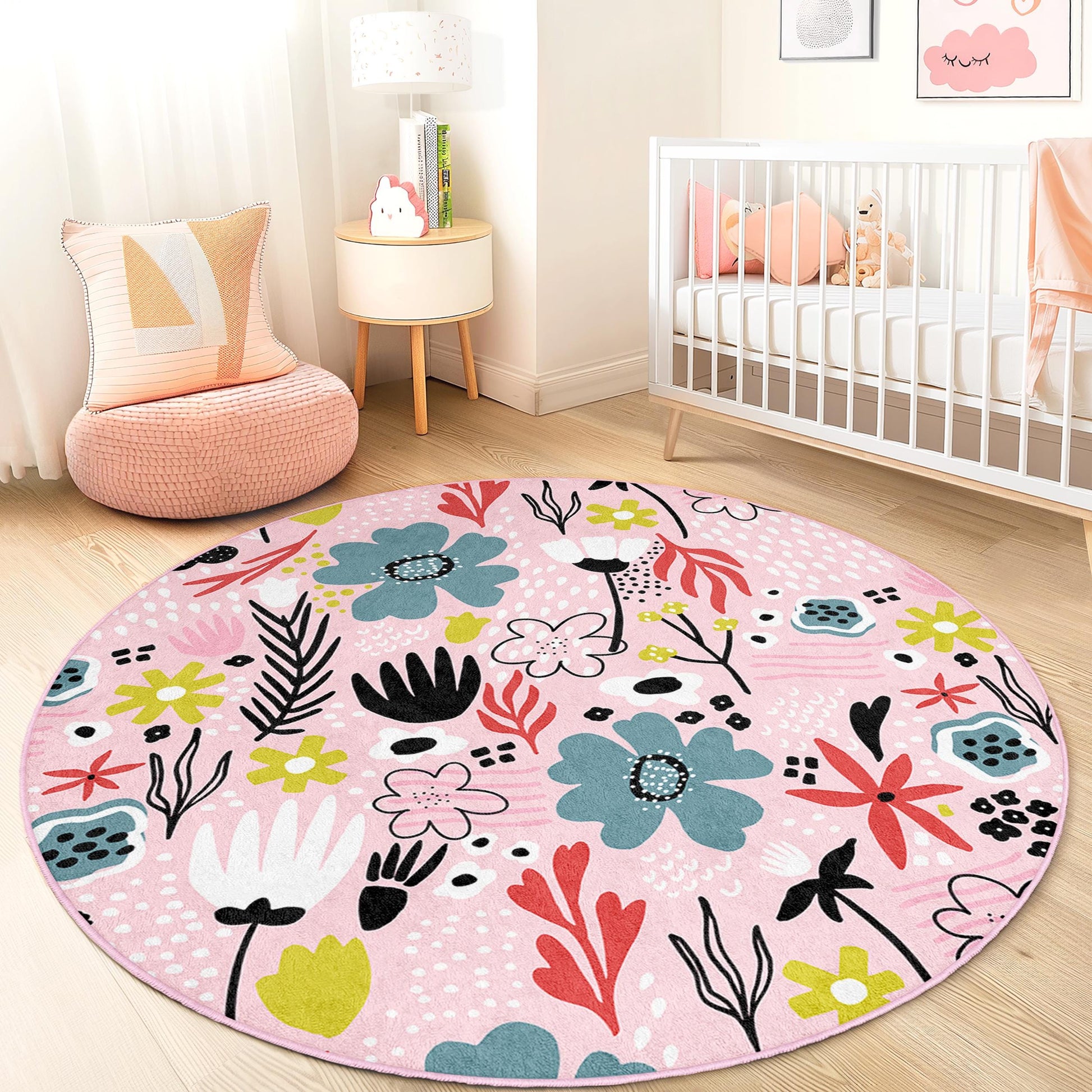 Floral Pattern Round Kids Area Rug, Pink Flower Playroom Carpet, Soft Nursery Rug, Boho Kids Room Decor, Cute Round Rug