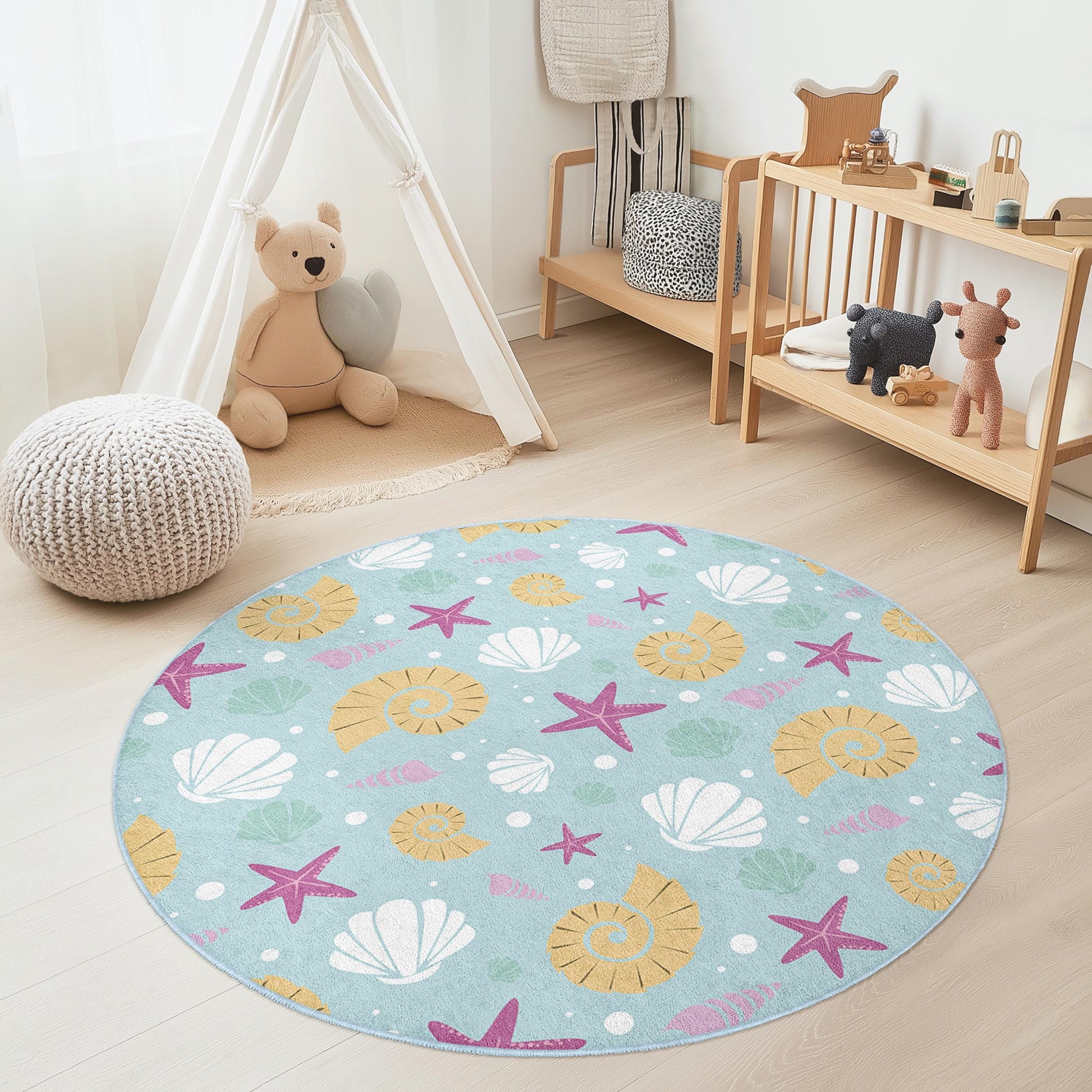 Sea Shells Round Kids Area Rug, Coastal Theme Nursery Rug, Beach Decor for Kids Room, Soft Play Mat for Toddlers
