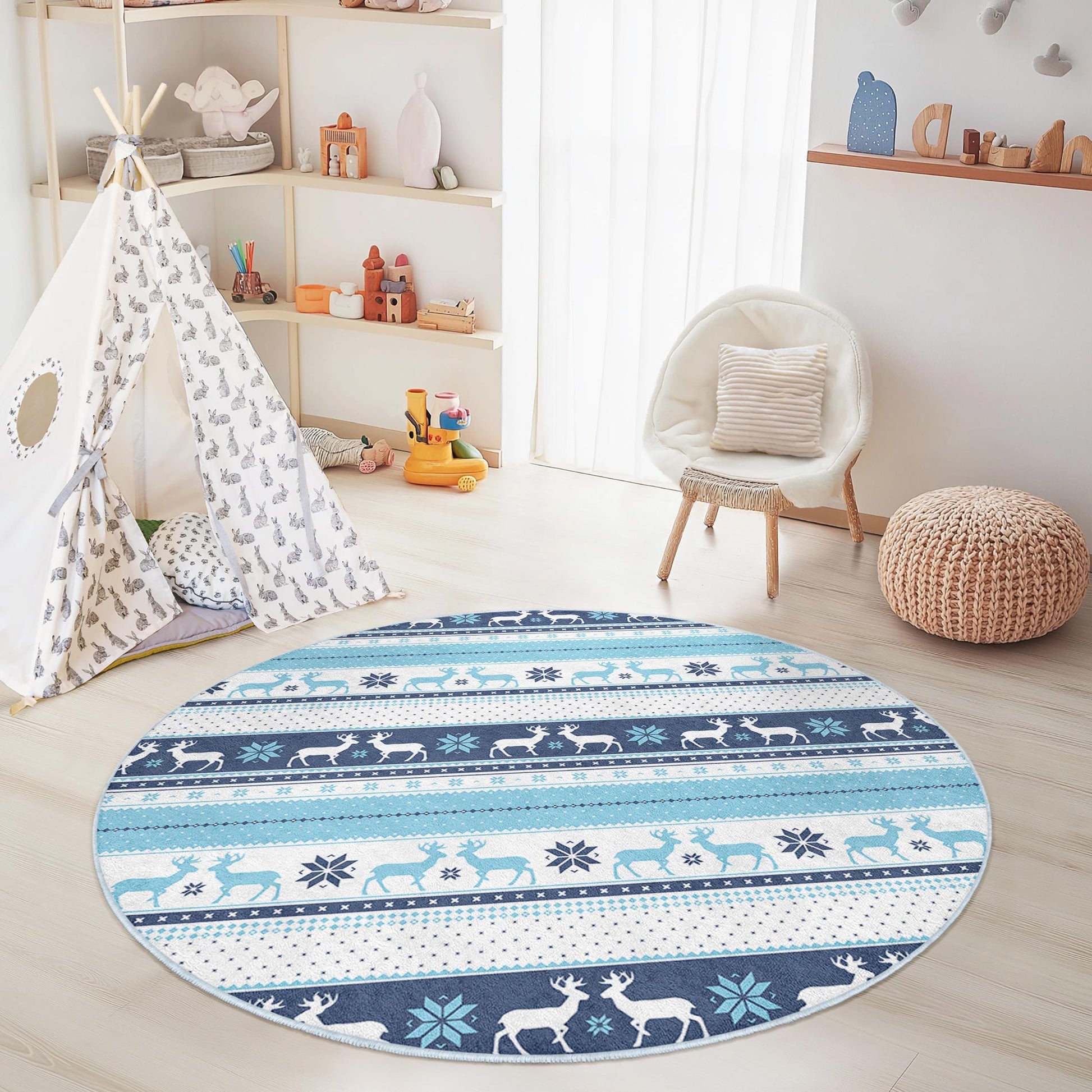 Winter Wonderland Round Kids Rug, Snowflake Pattern Play Mat, Blue Reindeer Rug, Soft Nursery Decor, Cozy Playroom Carpet