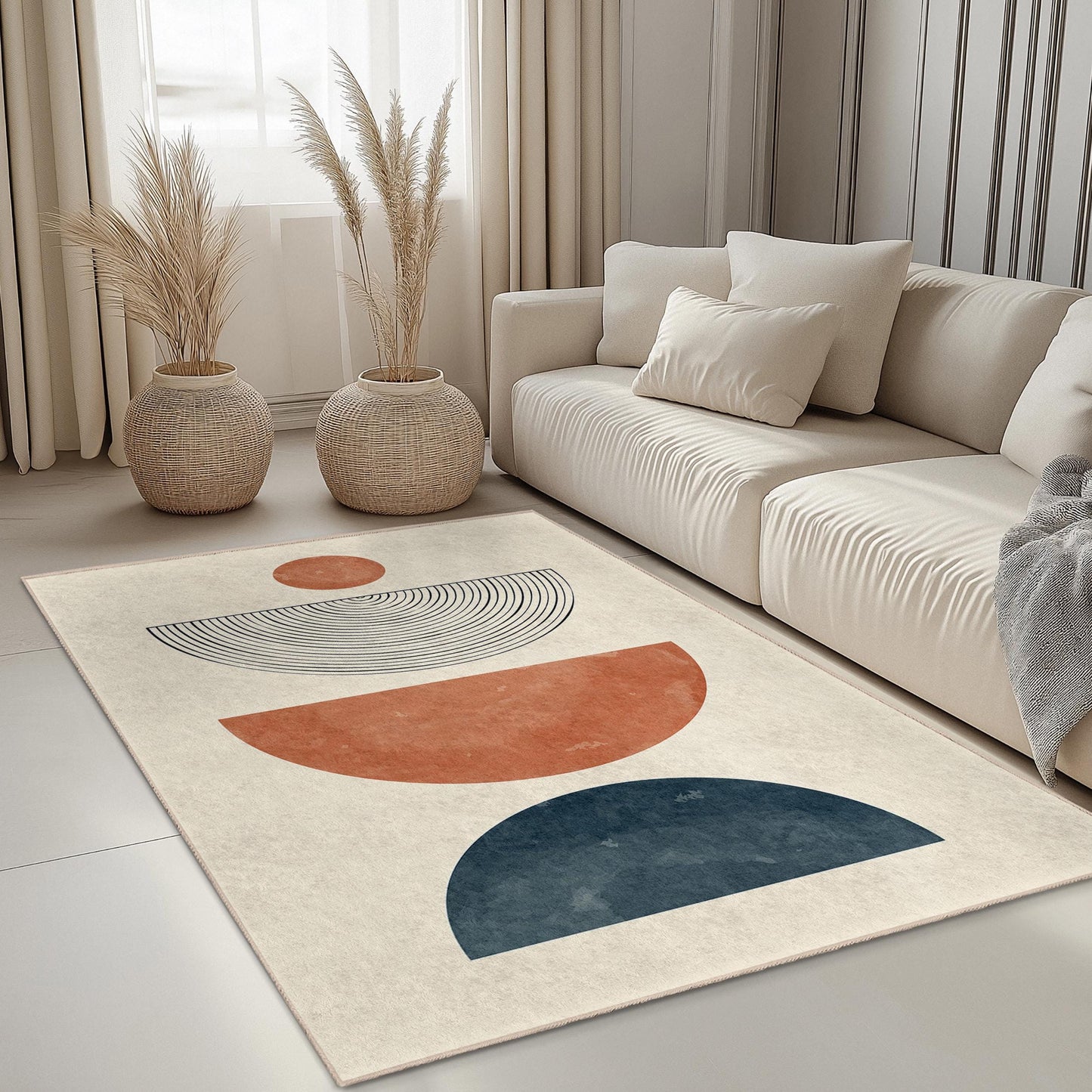Geometric Circle and Half Circle Area Rug, Modern Decorative Rectangular Rug, Living Room Carpet, Boho Home Decor, Soft Area Mat