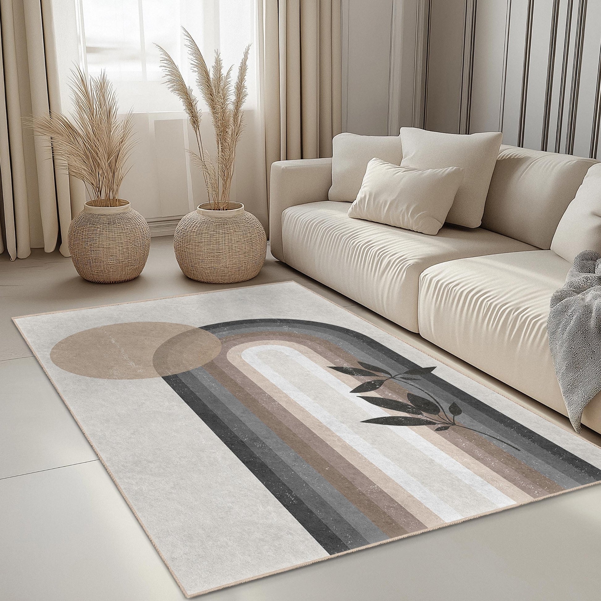 Elegant Boho Rectangular Area Rug, Modern Abstract Design Rug, Leaf Print Rug, Living Room Decor, Home Accent Rug