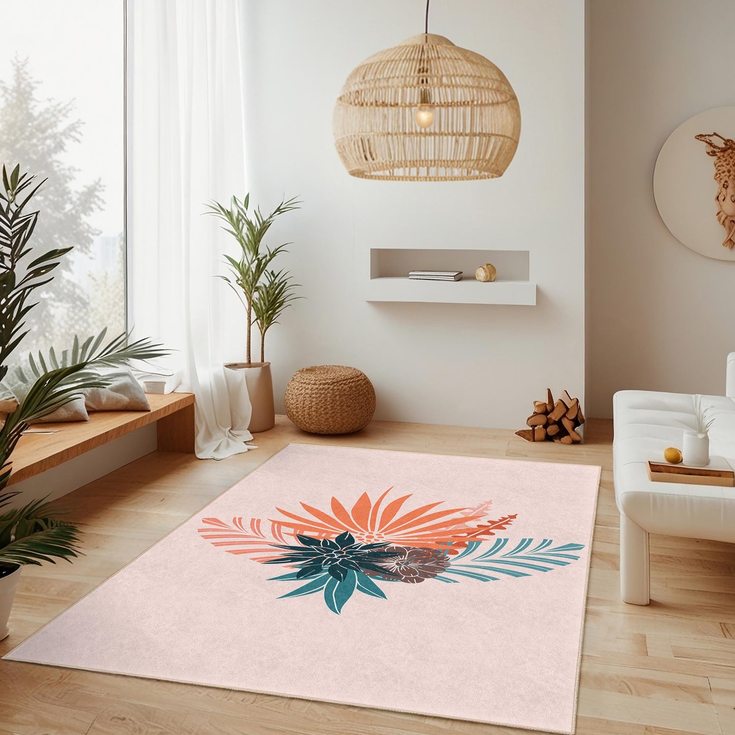 Rechteckiger Teppich mit tropischem Blumenmuster, moderner Boho-Stil, Wohnzimmerteppich, Teppich mit botanischem Design, Heimdekoration