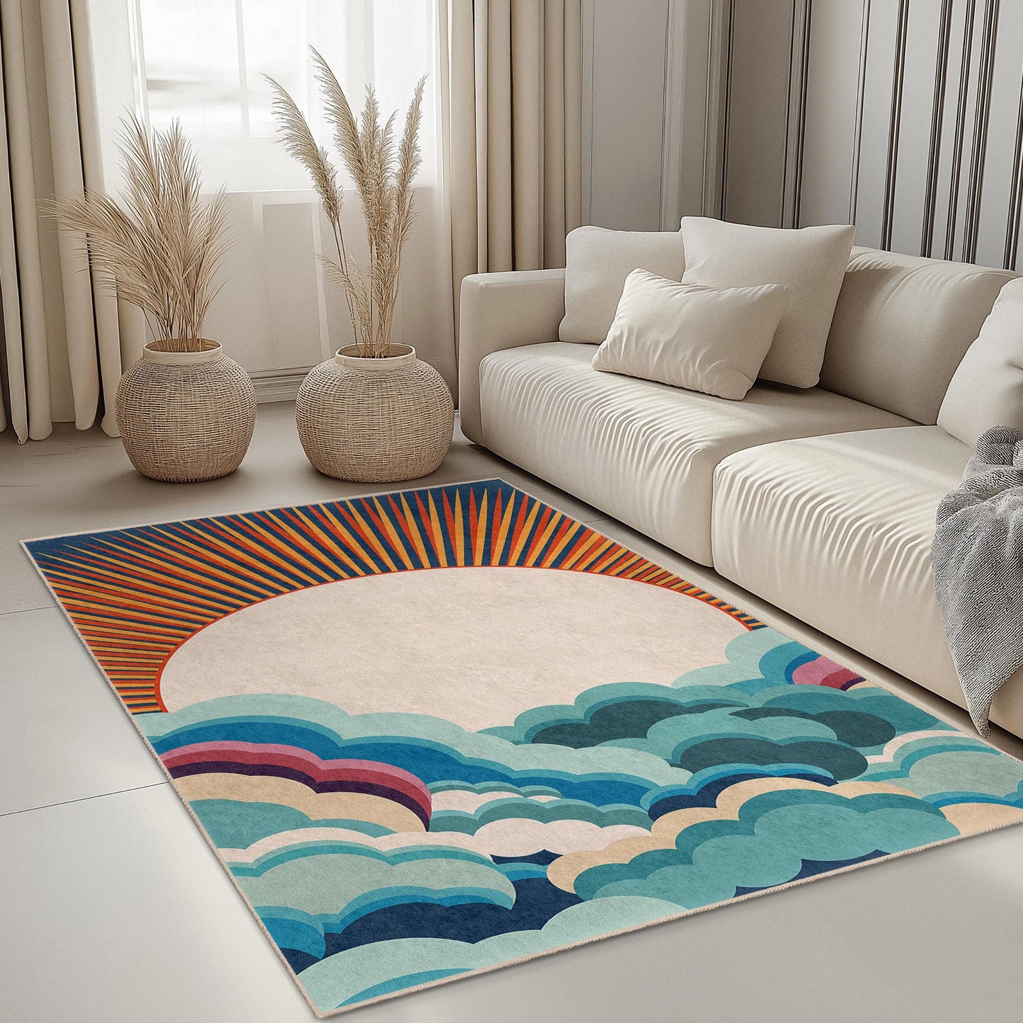 Sunrise Clouds Rectangular Rug, Colorful Cloud Design Area Rug, Home Decor Rug, Living Room Carpet, Boho Style Rug
