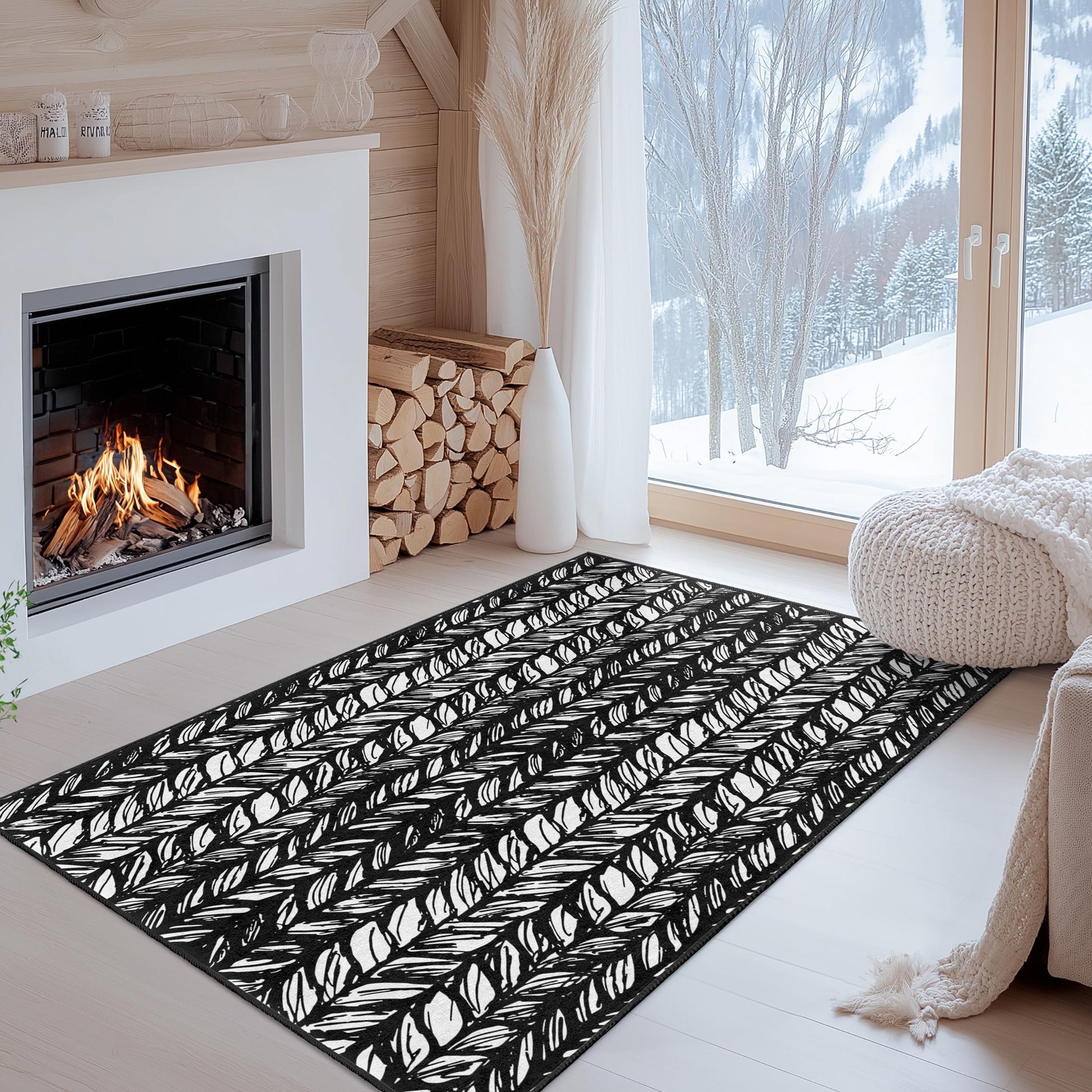 Stylish Black and White Leaf Pattern Rectangular Area Rug, Modern Home Decor Rug, Nature-Inspired Carpet for Living Room