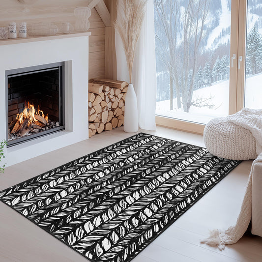 Stylish Black and White Leaf Pattern Rectangular Area Rug, Modern Home Decor Rug, Nature-Inspired Carpet for Living Room