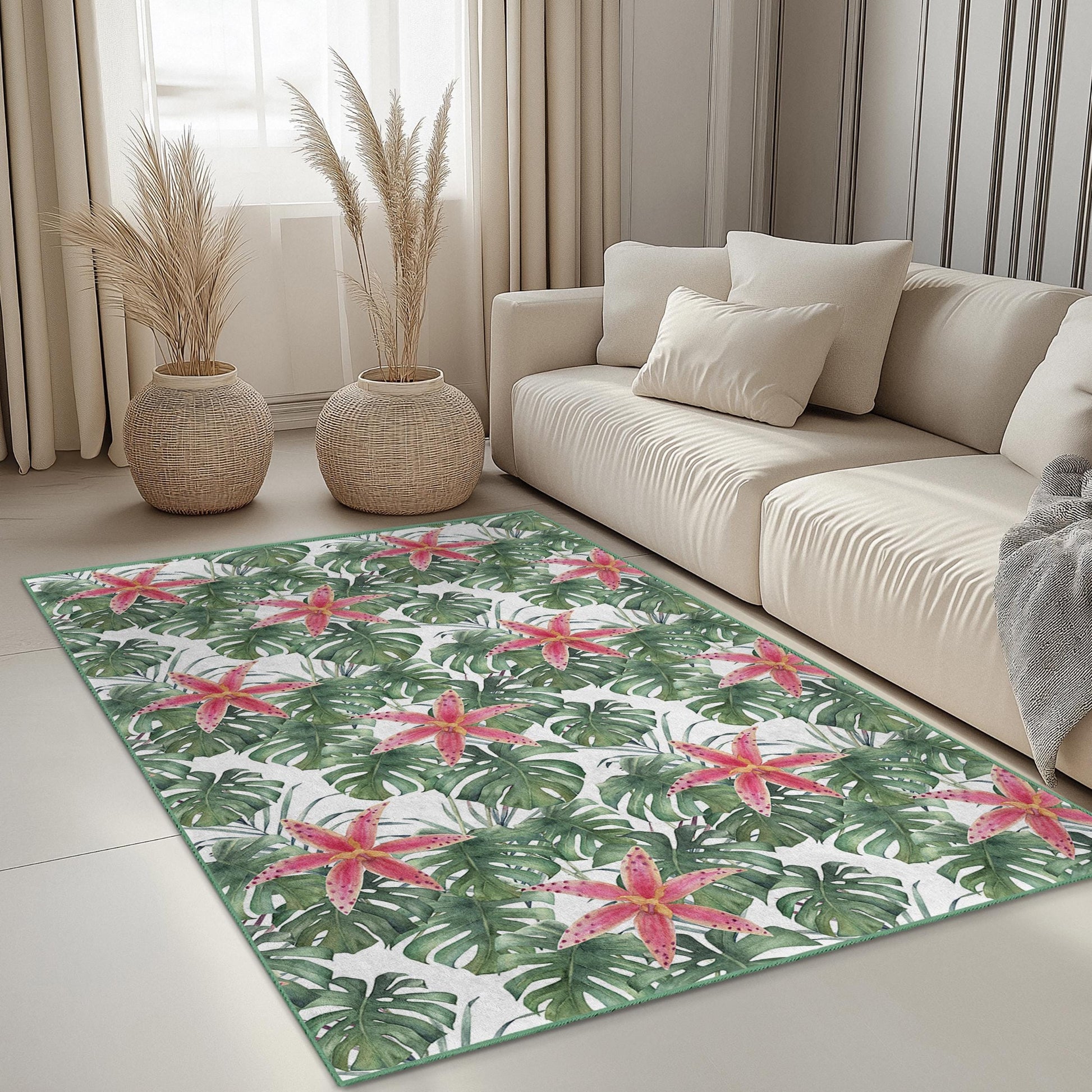 Tropical Floral Rectangle Area Rug, Monstera Leaf and Pink Flower Design, Indoor Carpet, Home Decor, Living Room Rug, Boho Chic Rug