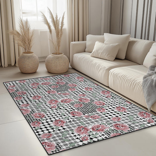 Chic Floral Patchwork Area Rug, Rectangle Living Room Carpet, Modern Home Decor, Soft Floral Design, Black and White Checkered Rug