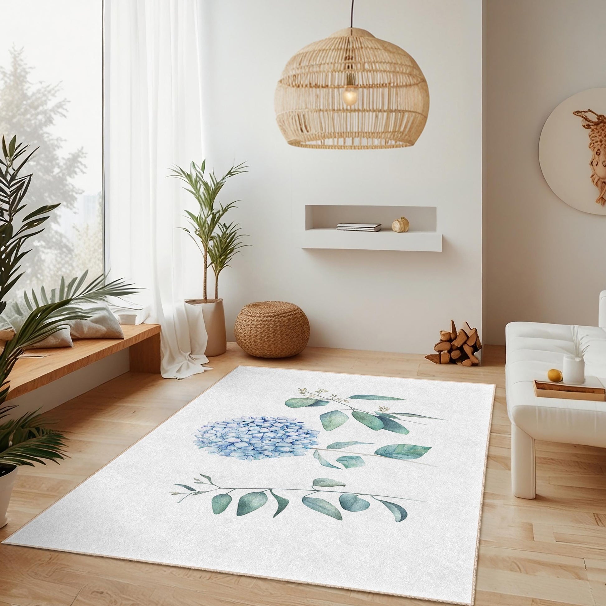 Elegant Blue Floral Rectangular Area Rug, Botanical Design Living Room Carpet, Soft Indoor Mat for Home Decor
