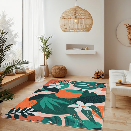 Vibrant Tropical Floral Rectangle Area Rug, Colorful Leaf Pattern Carpet for Living Room, Modern Home Decor, Soft Indoor Mat