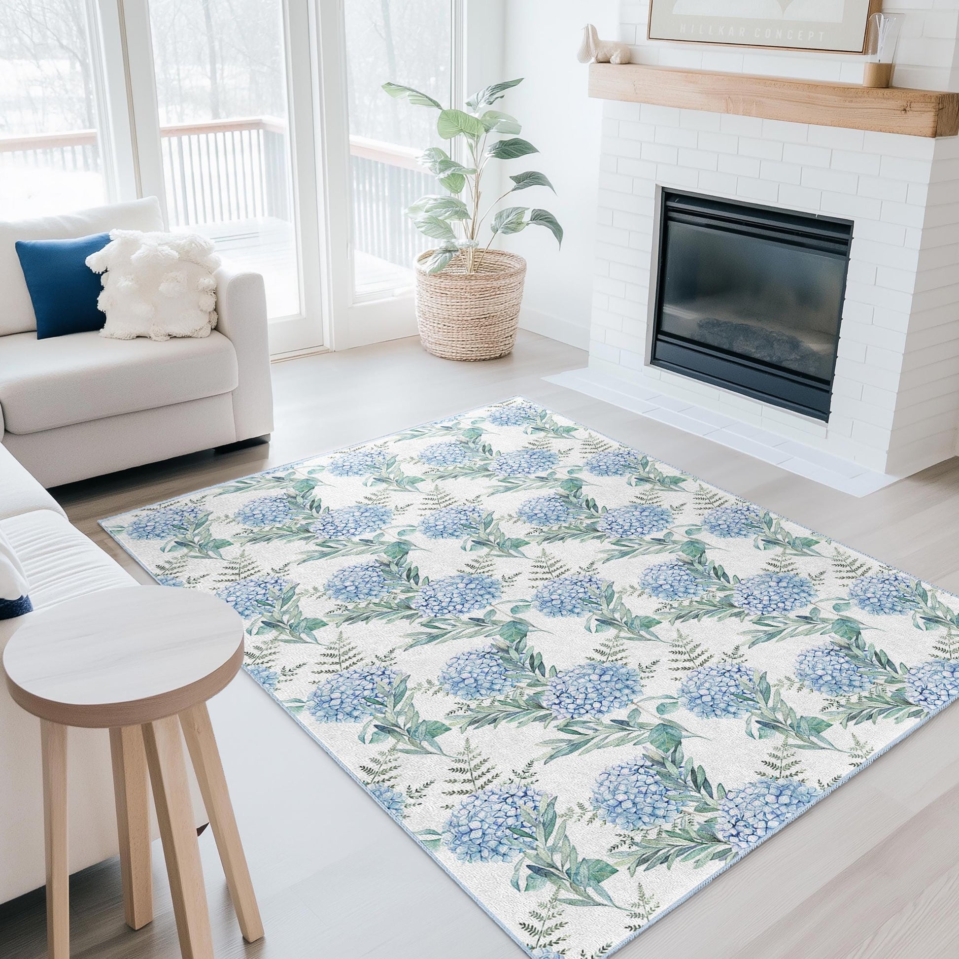 Floral Pattern Rectangle Area Rug, Blue Hydrangea Design Rug, Living Room Carpet, Soft Floral Mat, Home Decor, Indoor Rug