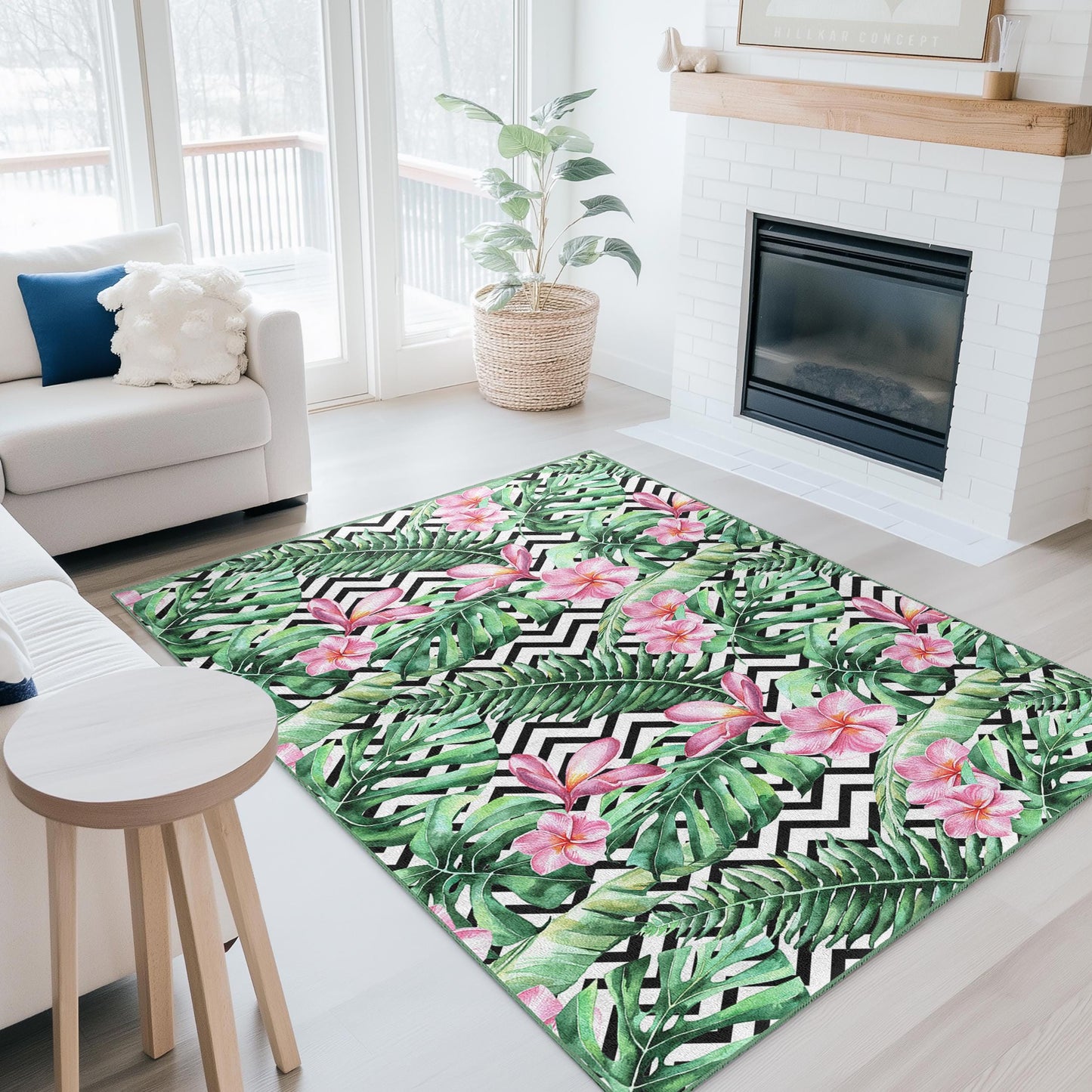 Tropical Floral Rectangular Area Rug, Botanical Leaf Design Rug, Living Room Carpet, Indoor Decor, Nature Inspired Home Rug