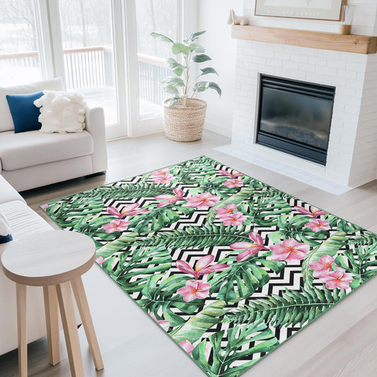 Tropical Floral Rectangular Area Rug, Botanical Leaf Design Rug, Living Room Carpet, Indoor Decor, Nature Inspired Home Rug