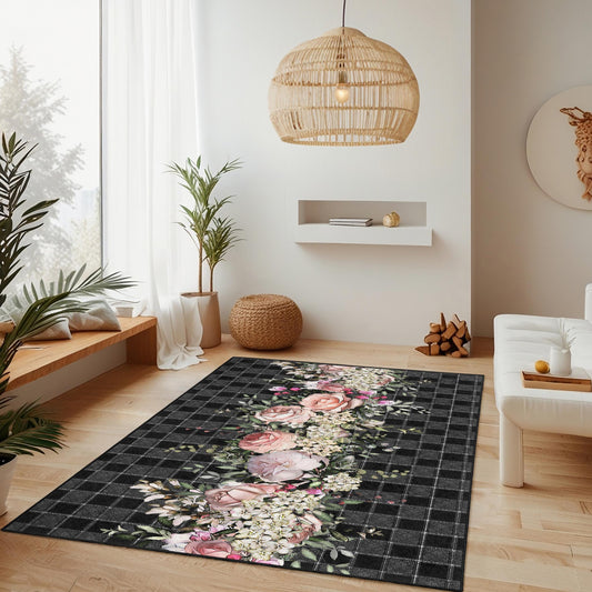 Floral Elegance Rectangular Area Rug, Black Checkered Floral Carpet, Vintage Style Rug for Home Decor, Luxury Floral Mat