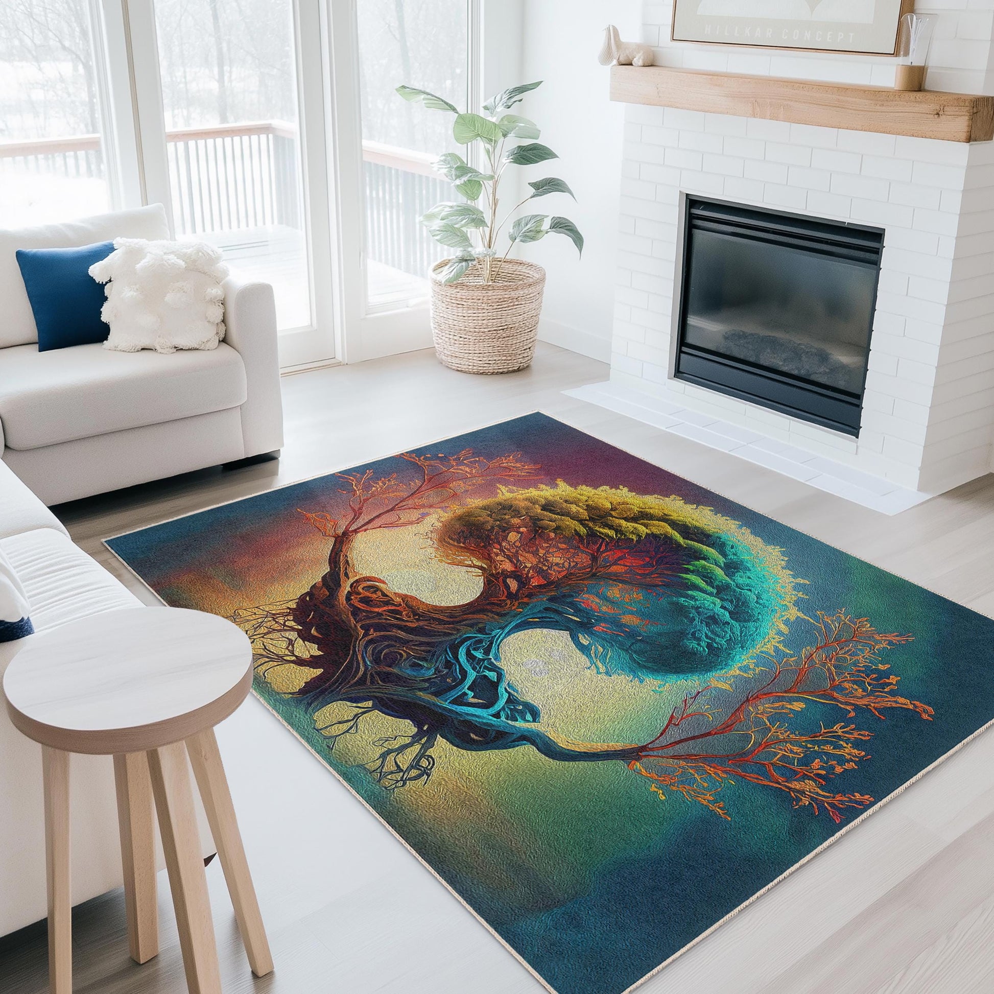 Colorful Tree of Life Rectangular Rug, Abstract Nature Rug, Living Room Decor, Artistic Area Rug, Bohemian Home Accent