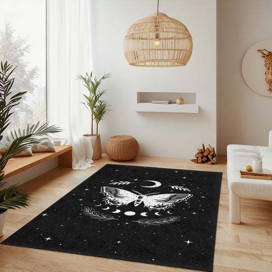 Moon and Butterfly Rectangle Rug, Black and White Cosmic Carpet, Bohemian Home Decor, Stylish Living Room Rug, Unique Butterfly Design