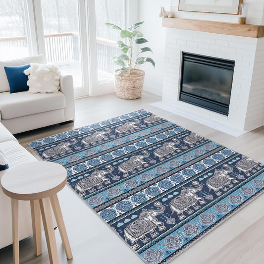 Elegant Elephant Pattern Rectangular Area Rug, Bohemian Home Dcor Rug, Living Room Carpet, Unique Elephant Design, Soft Area Rug
