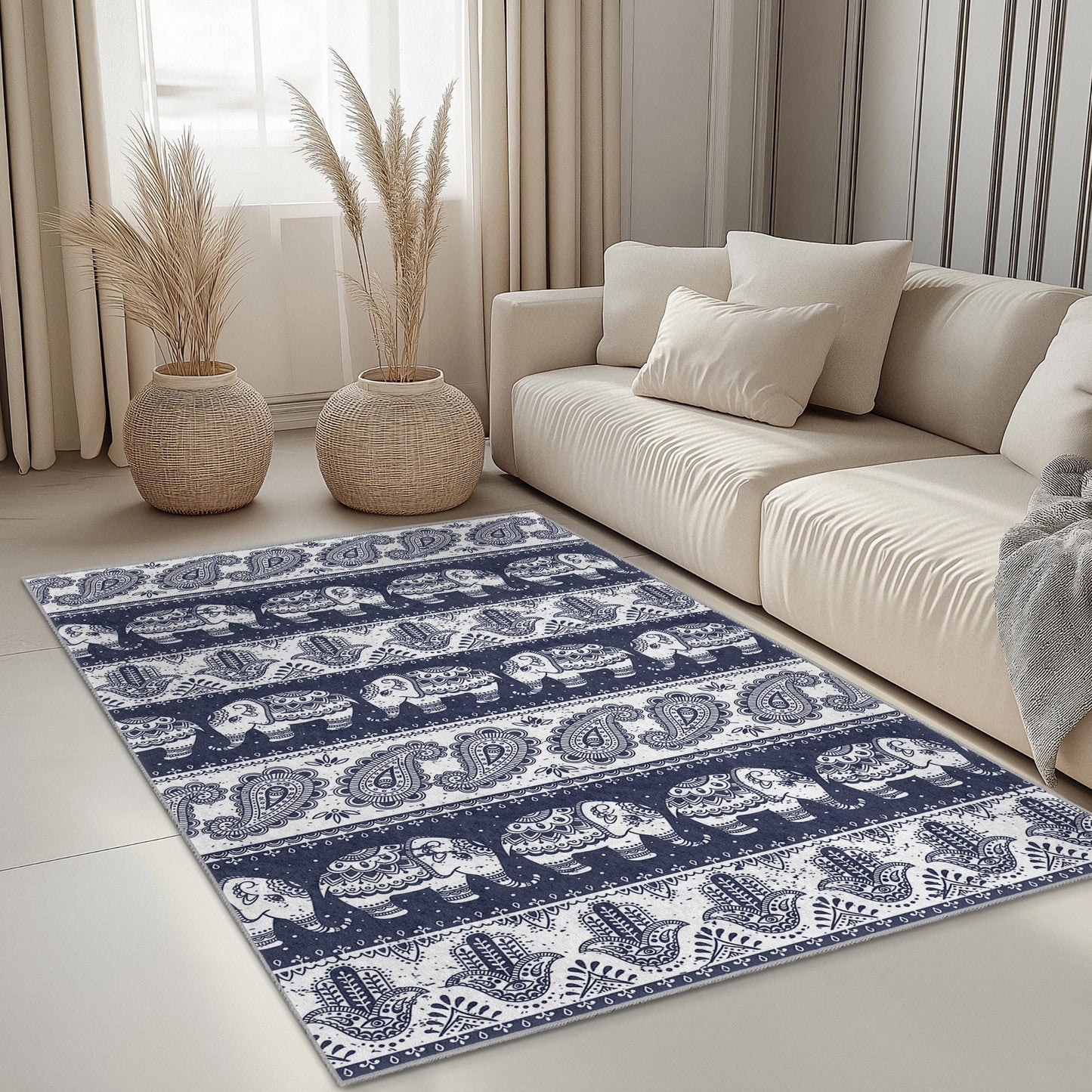Navy Elephant Pattern Rectangular Area Rug, Decorative Elephant Rug for Living Room, Bohemian Home Decor, Stylish Area Rug