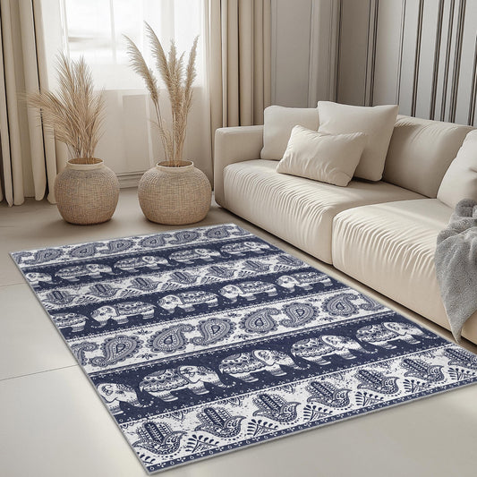 Navy Elephant Pattern Rectangular Area Rug, Decorative Elephant Rug for Living Room, Bohemian Home Decor, Stylish Area Rug