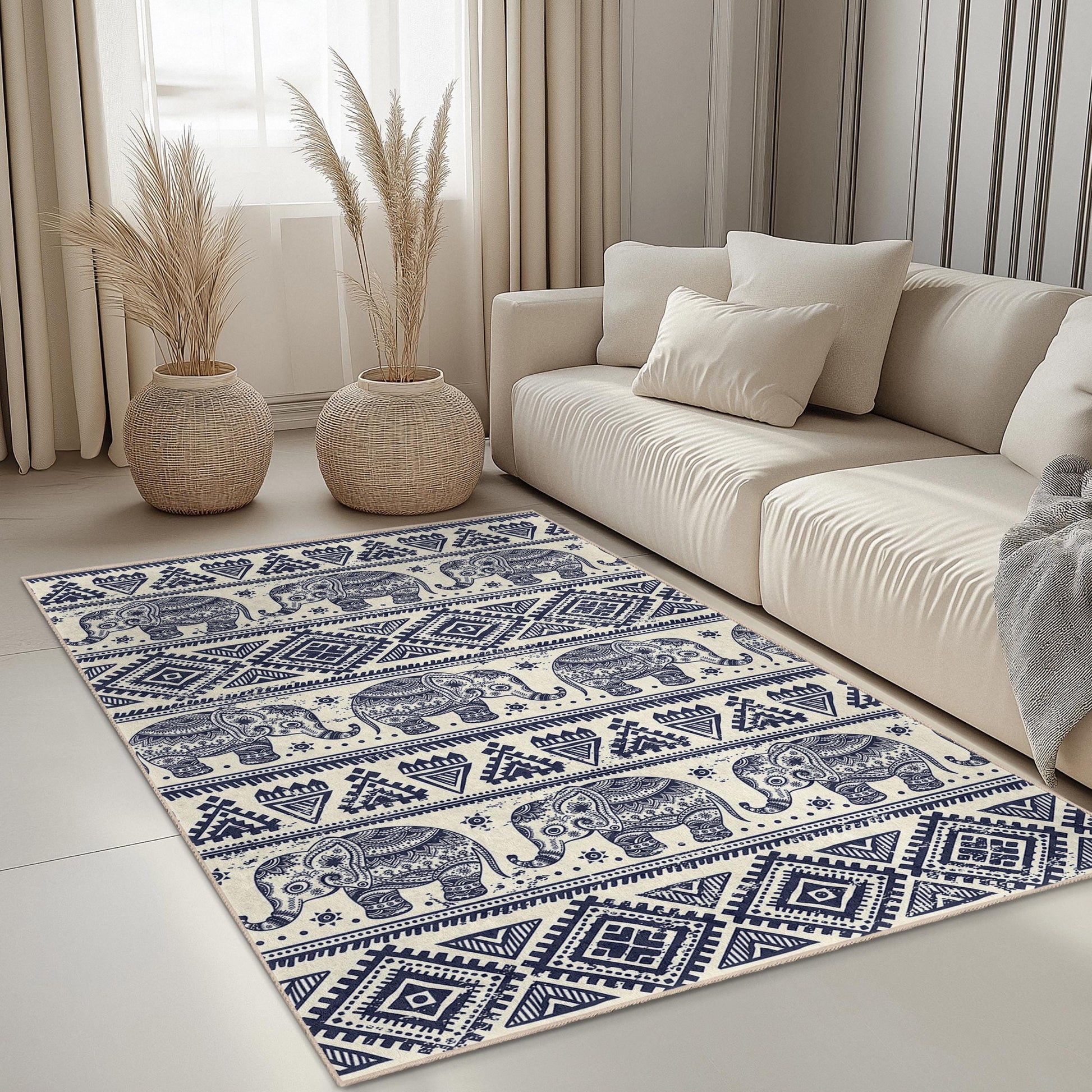 Navy Blue Elephant Pattern Rectangular Area Rug, Boho Chic Living Room Carpet, Stylish Elephant Design Rug, Unique Home Decor
