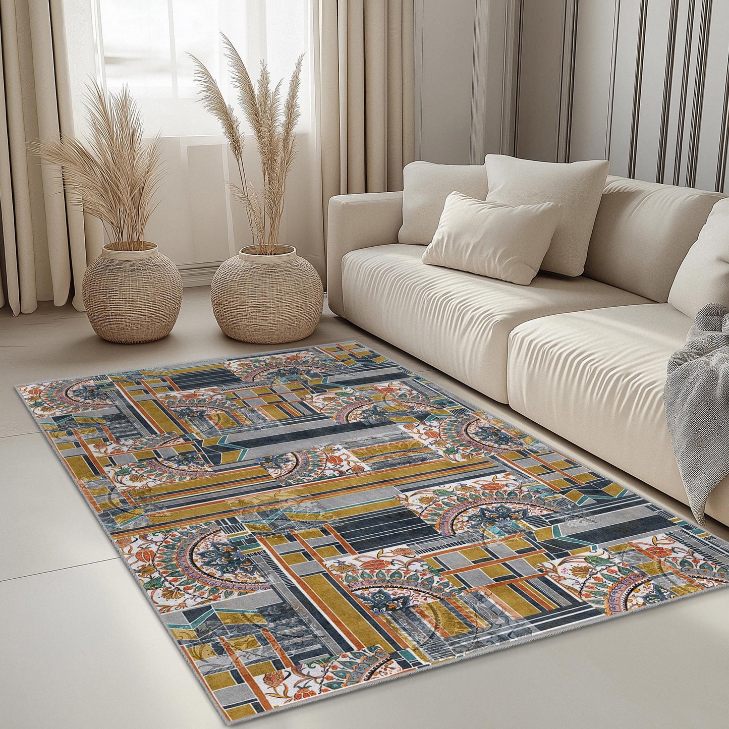 Geometric Floral Rectangular Area Rug, Modern Abstract Carpet, Living Room Dcor, Stylish Floor Mat, Contemporary Design Rug