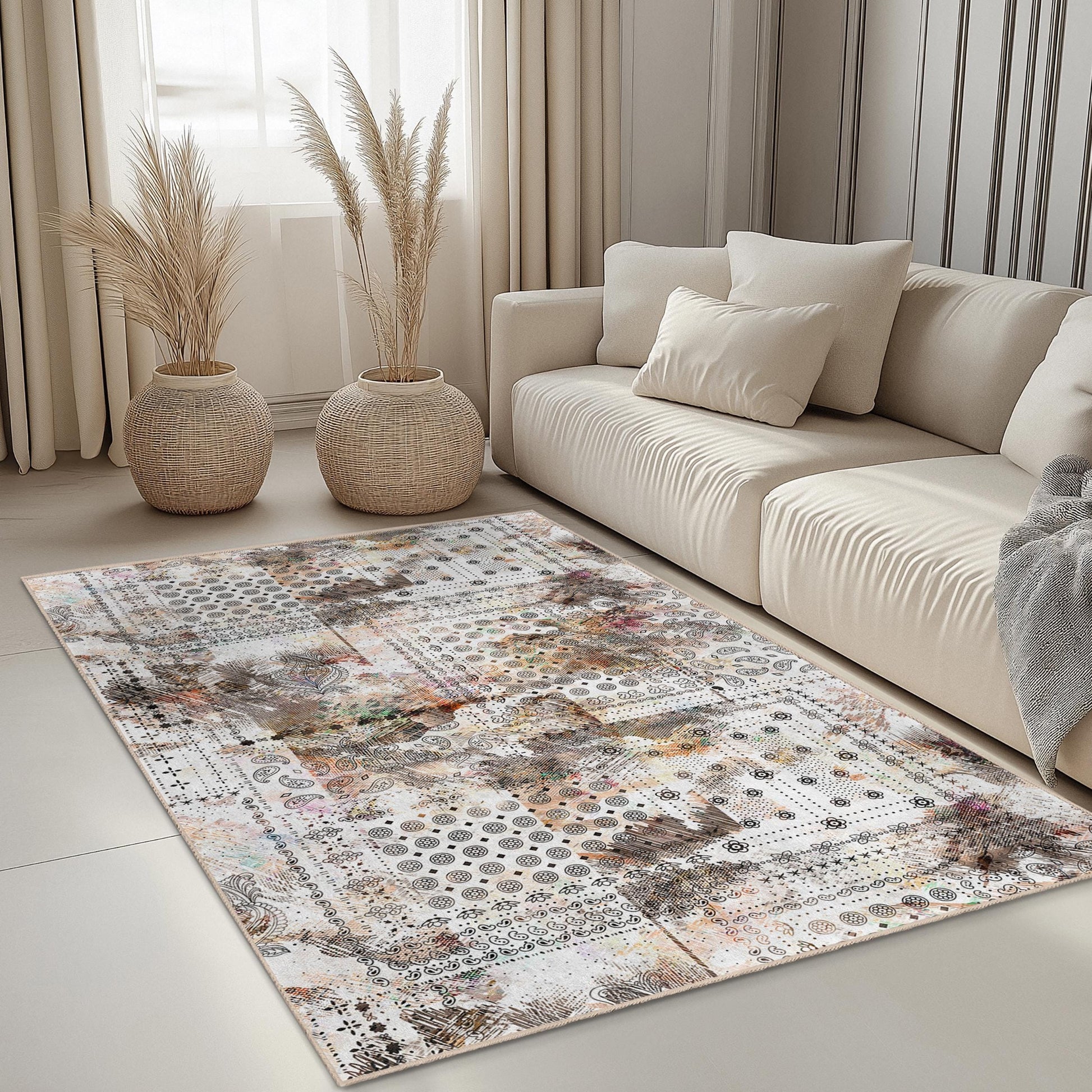 Abstract Floral Pattern Rectangular Area Rug, Modern Design Carpet for Kids Room, Playroom, Living Room, Soft Indoor Rug