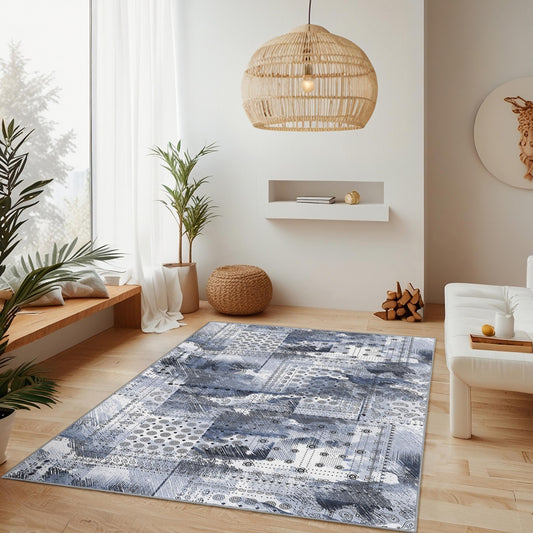 Abstract Geometric Area Rug: Modern Art, Blue & Grey