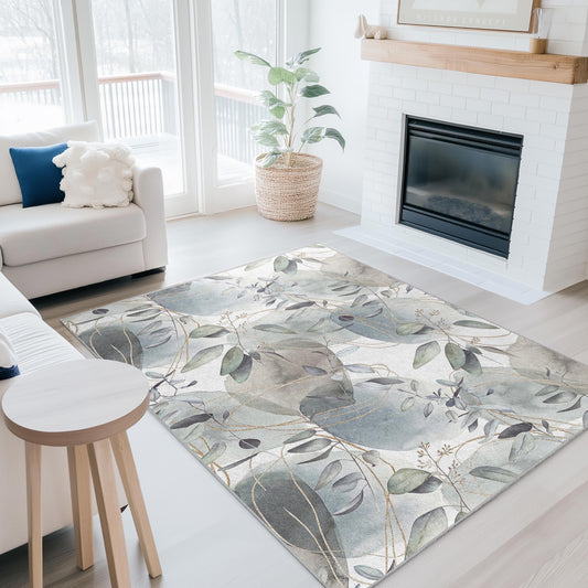Elegant Watercolor Leaf Pattern Rectangle Area Rug, Modern Living Room Carpet, Soft Decorative Rug for Home Decor