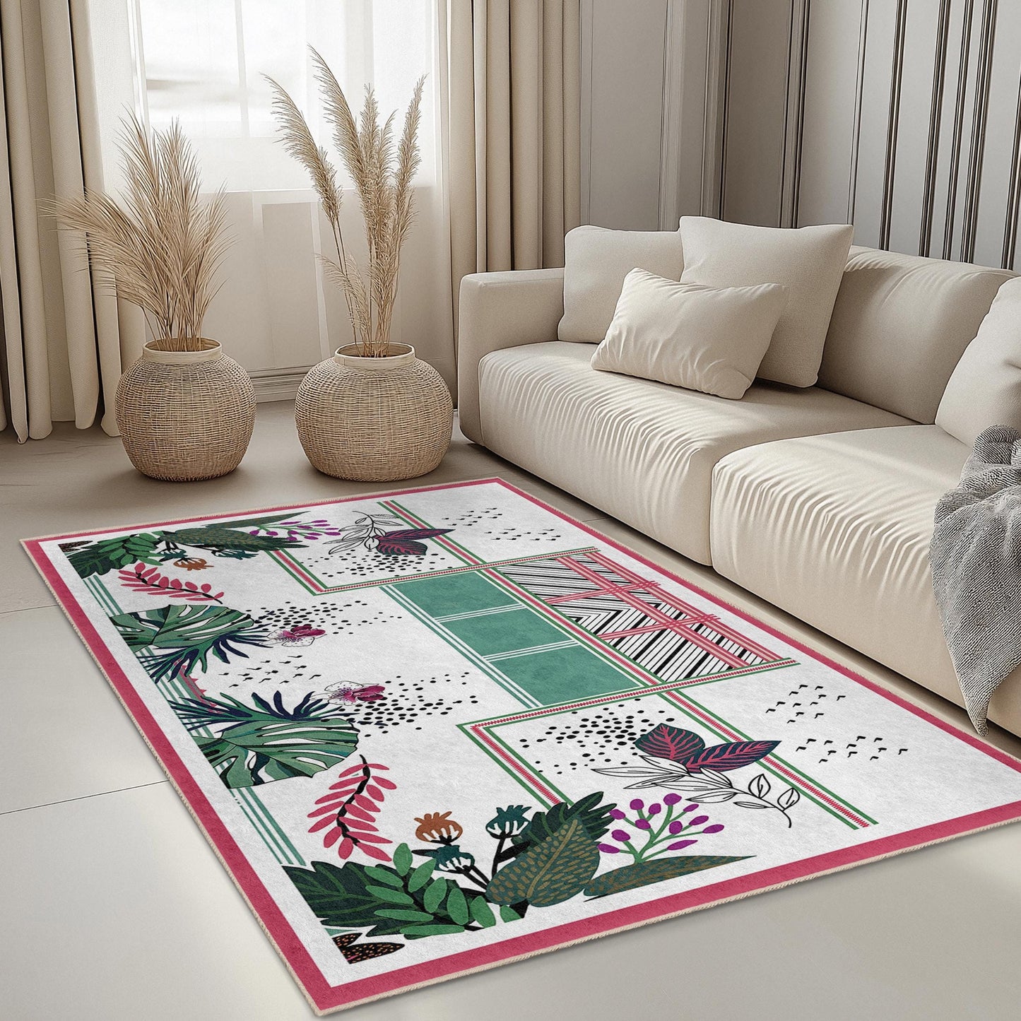 Tropical Leaves Rectangular Rug, Stylish Living Room Carpet, Modern Home Decor, Indoor Area Rug for Living Room, Botanical Design Rug