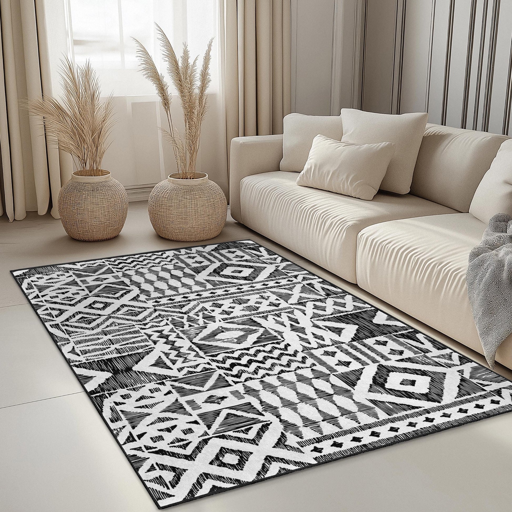 Bohemian Geometric Pattern Area Rug, Rectangle Carpet for Living Room, Modern Black and White Rug, Stylish Home Decor