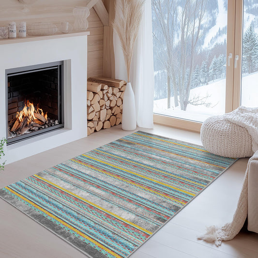Colorful Striped Rectangular Area Rug | Vibrant Bohemian Indoor Carpet | Soft Cotton Floor Mat for Living Room or Bedroom