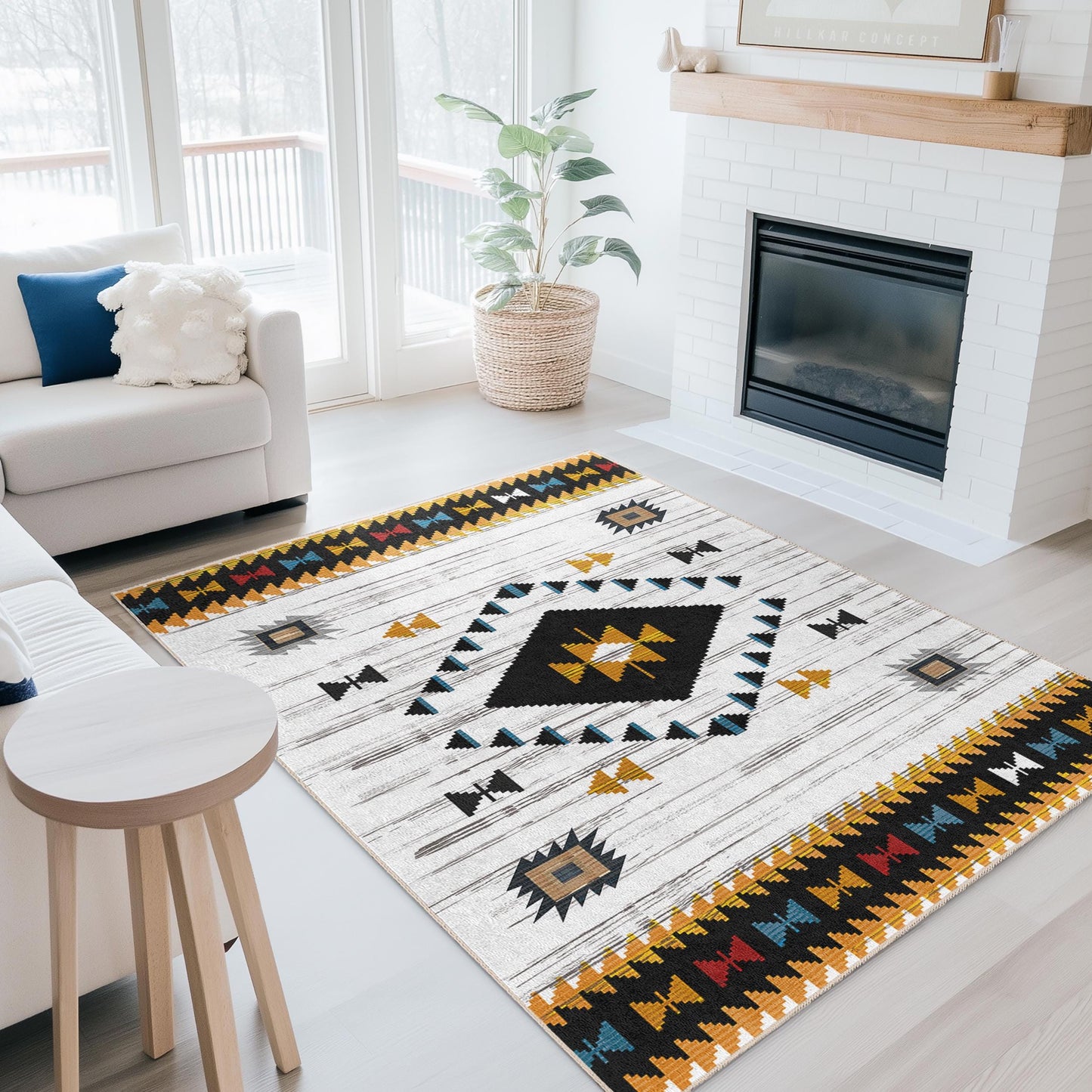 Geometric Patterned Washable Rectangular Area Rug | Modern Tribal Design Carpet | Stylish Living Room Decor | Bohemian Home Accent