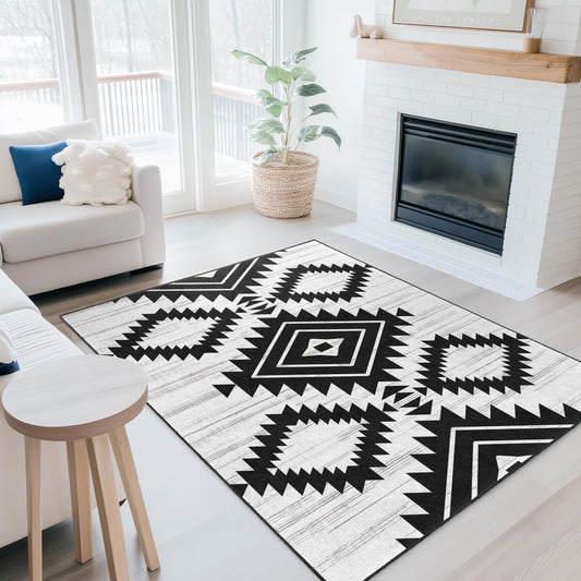 Geometric Black and White Rectangular Area Rug | Modern Tribal Pattern Carpet | Stylish Home Decor | Soft Cotton Floor Mat