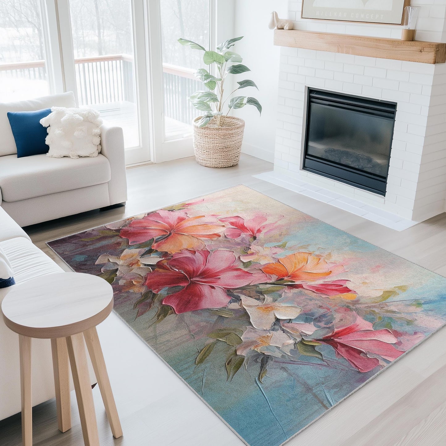 Vibrant Floral Design Rectangular Area Rug | Soft Cotton Carpet for Living Room | Luxurious Flower Print Home Decor