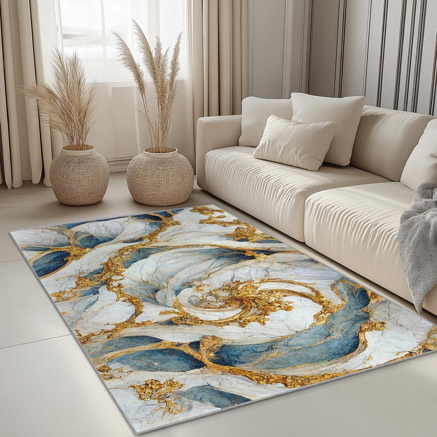 Elegant Blue and Gold Abstract Rectangle Rug | Modern Home Decor | Luxury Area Carpet for Living Room | Artistic Floor Mat