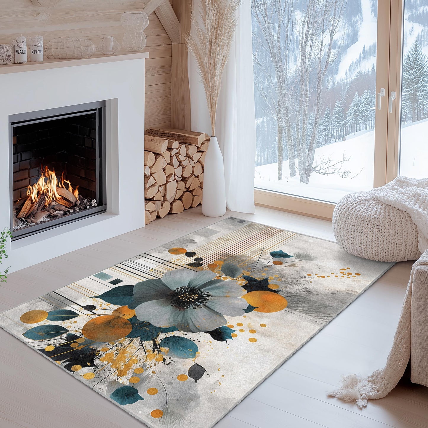 Floral Abstract Design Rectangular Area Rug | Modern Home Decor Carpet | Stylish Living Room Mat | Elegant Flower Print Rug