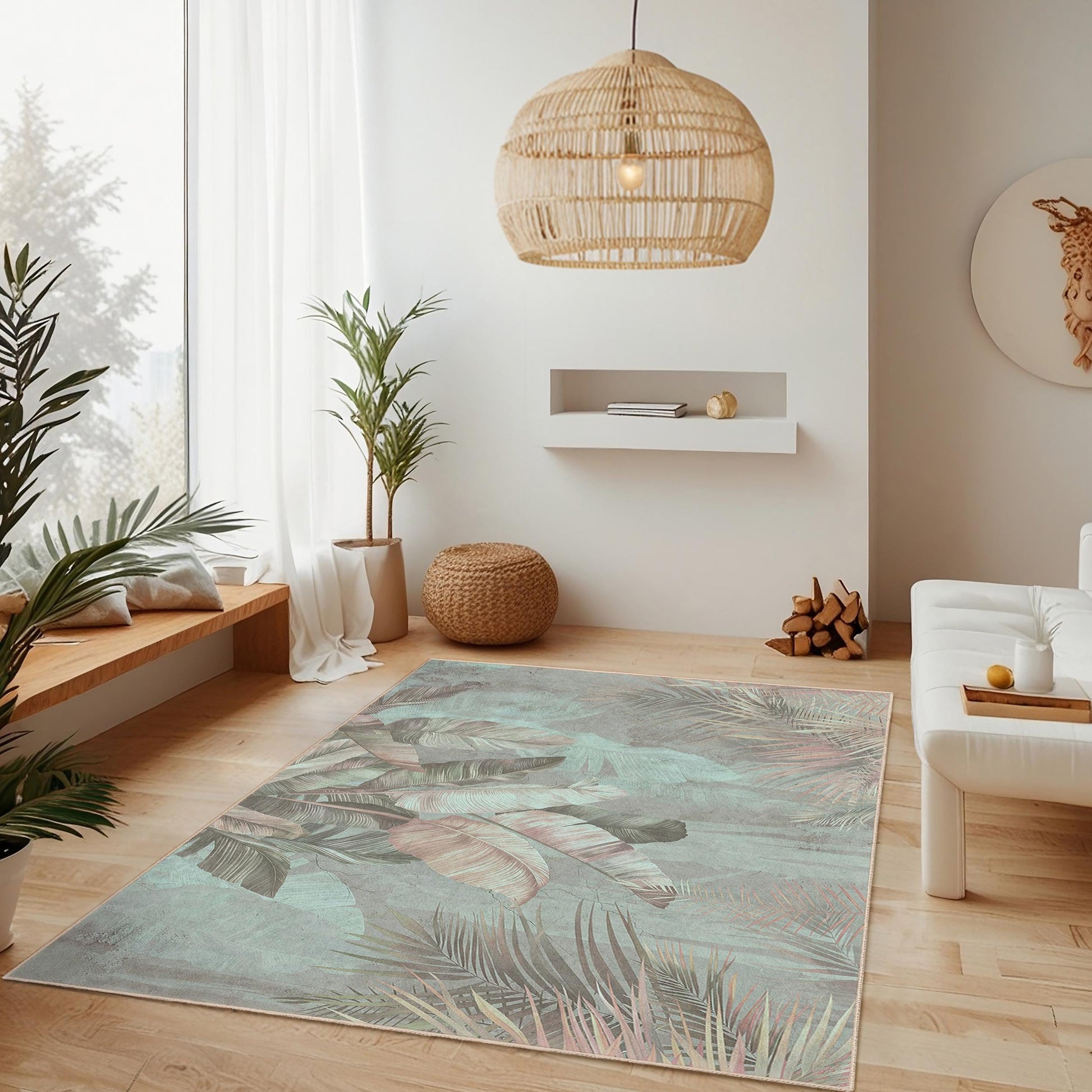 Botanical Leaf Design Rectangular Rug | Soft Cotton Floor Carpet | Stylish Home Decor | Tropical Indoor Area Rug