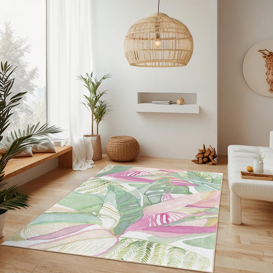 Watercolor Tropical Leaves Rectangular Area Rug | Botanical Green Pink Carpet | Modern Home Decor | Soft Indoor Rug