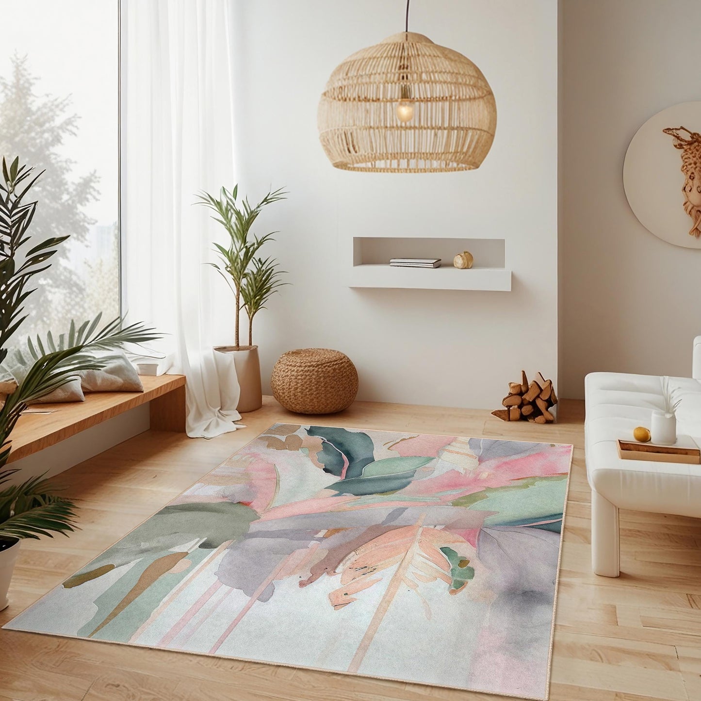 Elegant Floral Rectangular Area Rug | Soft Cotton Decorative Carpet for Living Room | Stylish Home Decor with Leaf Design