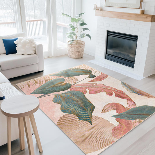 Elegant Tropical Leaves Rectangular Area Rug | Decorative Living Room Carpet | Soft Cotton Home Dcor | Stylish Leaf Print Rug