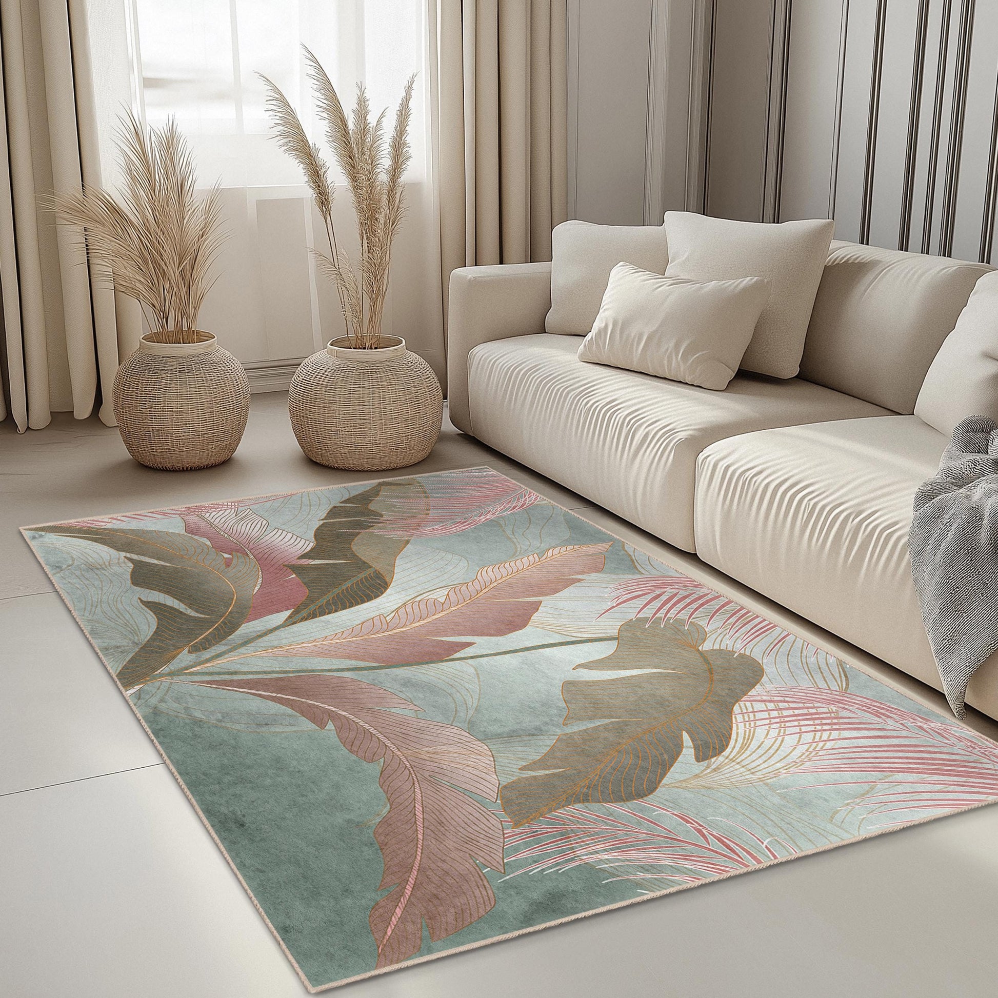 Soft and Washable Floor Mat | Elegant Leaf Pattern Rectangular Area Rug | Stylish Living Room Carpet | Modern Home Decor