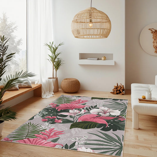 Vibrant Floral Rectangle Rug | Tropical Style Decorative Carpet for Living Room | Stylish Botanical Area Rug