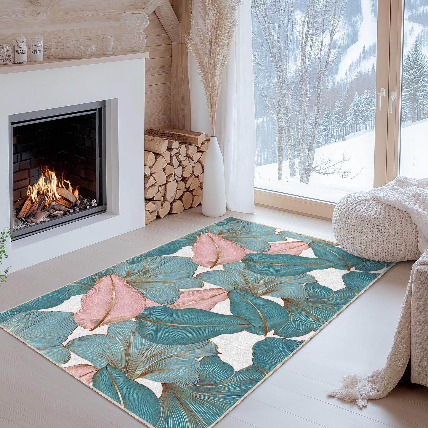 Tropical Leaves Patterned Rectangular Area Rug | Elegant Living Room Decor | Soft Cotton Carpet for Home | Stylish Indoor Mat