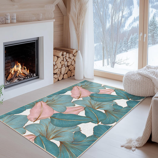 Tropical Leaves Patterned Rectangular Area Rug | Elegant Living Room Decor | Soft Cotton Carpet for Home | Stylish Indoor Mat