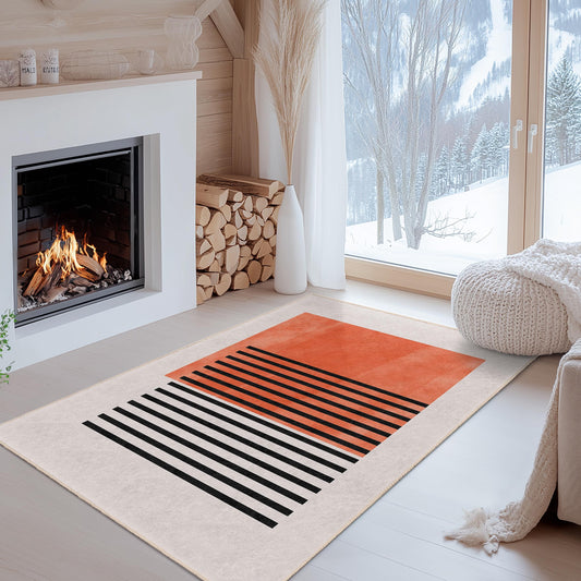 Abstract Orange and Black Rectangular Area Rug | Modern Decorative Carpet for Living Room | Stylish Home Decor
