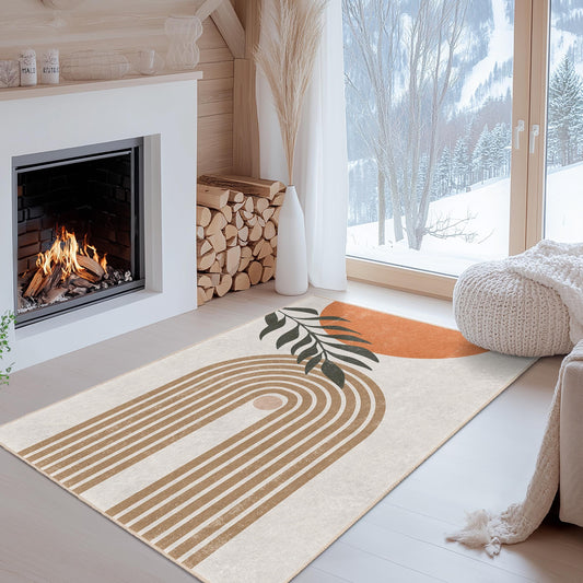 Leafy Line Art Area Rug: Modern Cotton Living Room Carpet