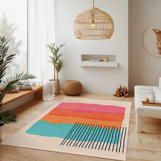 Colorful Abstract Rectangle Area Rug | Modern Living Room Carpet | Easy Clean Decorative Floor Mat | Stylish Home Decor