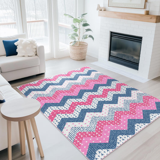 Chevron Pattern Rectangular Area Rug, Pink and Blue Zigzag Design, Stylish Carpet for Living Room or Bedroom, Modern Home Decor