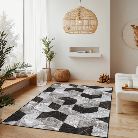 Geometric Black and White Rectangle Area Rug, Modern Patterned Carpet for Living Room, Stylish Home Decor, Elegant Floor Covering